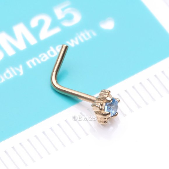 14 Karat Gold Studded Prong Gem Sparkle L-Shaped Nose Ring - Picture 1 of 5